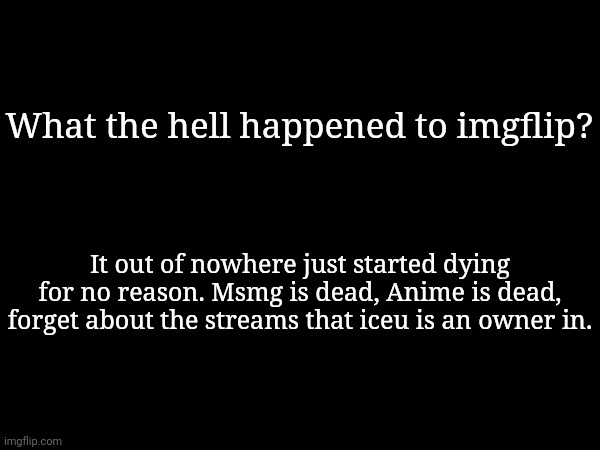 What the hell happened to imgflip? It out of nowhere just started dying for no reason. Msmg is dead, Anime is dead, forget about the streams that iceu is an owner in. | made w/ Imgflip meme maker