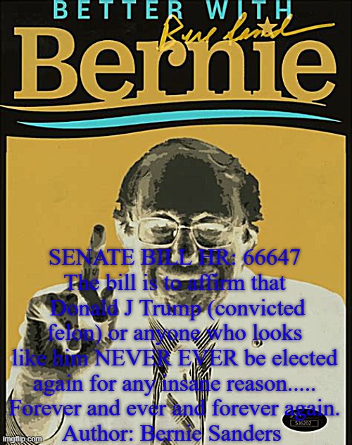 Senate Bill HR 66647 | SENATE BILL HR: 66647
﻿The bill is to affirm that  Donald J Trump (convicted felon) or anyone who looks like him NEVER EVER be elected again for any insane reason.....
﻿Forever and ever and forever again.
﻿Author: Bernie Sanders | image tagged in senate bill hr 66647,fight oligarchy tour,resist,survival of the richest,get your religion out of my government | made w/ Imgflip meme maker