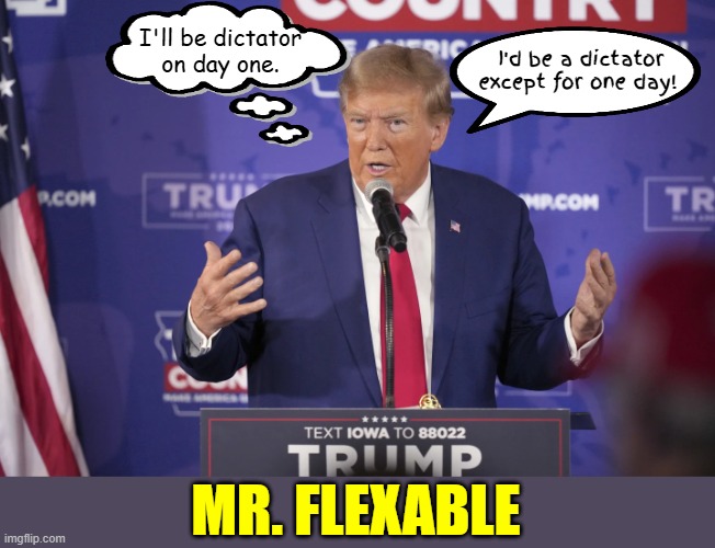 Promises are flexible too | I'll be dictator on day one. I'd be a dictator except for one day! MR. FLEXABLE | image tagged in promises are flexible too,joe biden did it,trump undid it,economy of 4th shithole county | made w/ Imgflip meme maker