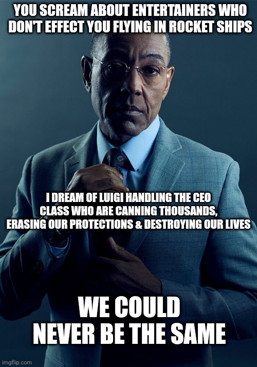 Gus Fring we are not the same | YOU SCREAM ABOUT ENTERTAINERS WHO DON'T EFFECT YOU FLYING IN ROCKET SHIPS; I DREAM OF LUIGI HANDLING THE CEO CLASS WHO ARE CANNING THOUSANDS, ERASING OUR PROTECTIONS & DESTROYING OUR LIVES; WE COULD NEVER BE THE SAME | image tagged in gus fring we are not the same | made w/ Imgflip meme maker