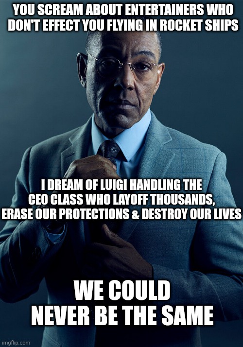 Shoving people I like down my throat to distract from the real cancer can't work lol | YOU SCREAM ABOUT ENTERTAINERS WHO DON'T EFFECT YOU FLYING IN ROCKET SHIPS; I DREAM OF LUIGI HANDLING THE CEO CLASS WHO LAYOFF THOUSANDS, ERASE OUR PROTECTIONS & DESTROY OUR LIVES; WE COULD NEVER BE THE SAME | image tagged in gus fring we are not the same | made w/ Imgflip meme maker