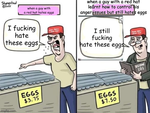 when a guy with a red hat learnt how to control his anger issues but still hates eggs; when a guy with a red hat hates eggs; I fucking hate these eggs; I still fucking hate these eggs | made w/ Imgflip meme maker
