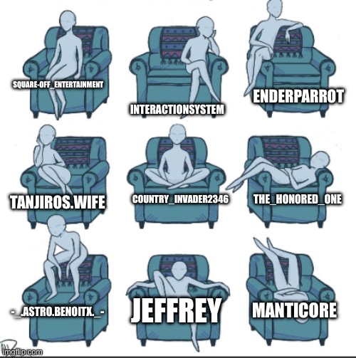 Chair alignment chart | INTERACTIONSYSTEM; ENDERPARROT; SQUARE-OFF_ENTERTAINMENT; COUNTRY_INVADER2346; THE_HONORED_ONE; TANJIROS.WIFE; JEFFREY; MANTICORE; -_.ASTRO.BENOITX._- | image tagged in chair alignment chart | made w/ Imgflip meme maker