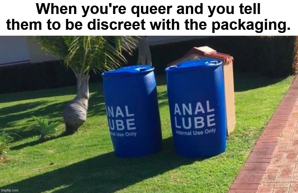When you're queer and you tell them to be discreet with the packaging. | When you're queer and you tell them to be discreet with the packaging. | image tagged in lgbtq stream account profile,anal sex,anal probes,butt sex,prison sex,the book of faggets | made w/ Imgflip meme maker