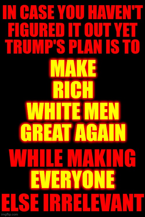 Some Magas Have Been In Trump's Fake Alternative Reality For So Long They've Completely Lost Touch With Reality | MAKE RICH WHITE MEN GREAT AGAIN; IN CASE YOU HAVEN'T FIGURED IT OUT YET; TRUMP'S PLAN IS TO; WHILE MAKING EVERYONE ELSE IRRELEVANT; EVERYONE | image tagged in reality check,fake alternative reality,fake alternative facts,alternative facts are conservative lies,memes,maga | made w/ Imgflip meme maker