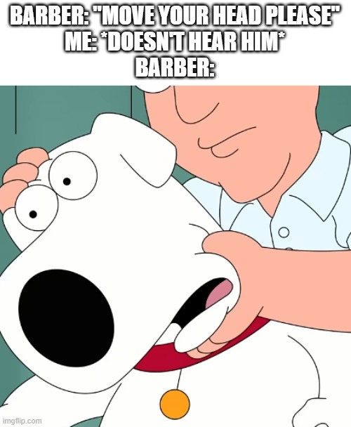 Fine, I'll do it myself | BARBER: "MOVE YOUR HEAD PLEASE"
ME: *DOESN'T HEAR HIM*
BARBER: | image tagged in memes,funny,haircut,family guy | made w/ Imgflip meme maker