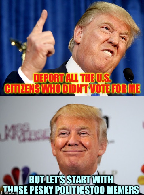 Derp Trump Thoughts | DEPORT ALL THE U.S. CITIZENS WHO DIDN’T VOTE FOR ME; BUT LET’S START WITH THOSE PESKY POLITICSTOO MEMERS | image tagged in donald trump,donald trump approves,memes | made w/ Imgflip meme maker
