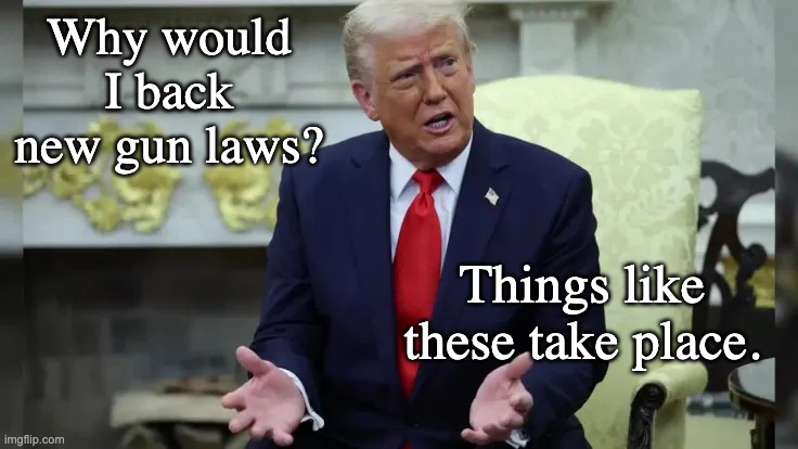Trolling the parents of murdered children and a generation of traumatized kids | Why would I back new gun laws? Things like these take place. | image tagged in trump shrug,guns,idiocracy,gun control,troll,shame | made w/ Imgflip meme maker