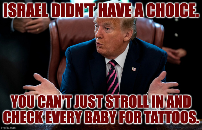 ISRAEL DIDN'T HAVE A CHOICE. YOU CAN'T JUST STROLL IN AND
CHECK EVERY BABY FOR TATTOOS. | made w/ Imgflip meme maker
