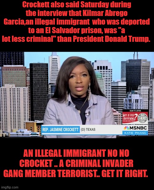 Crockett also said Saturday during the interview that Kilmar Abrego Garcia,an illegal immigrant  who was deported to an El Salvador prison, was "a lot less criminal" than President Donald Trump. AN ILLEGAL IMMIGRANT NO NO CROCKET .. A CRIMINAL INVADER GANG MEMBER TERRORIST.. GET IT RIGHT. | made w/ Imgflip meme maker