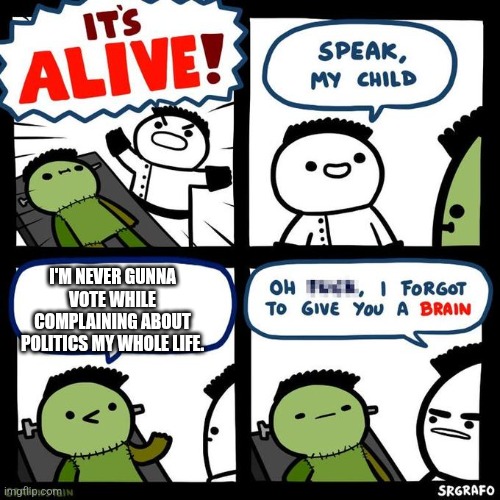 Voter fraud | I'M NEVER GUNNA VOTE WHILE COMPLAINING ABOUT POLITICS MY WHOLE LIFE. | image tagged in oh f k i forgot to give you a brain,voter fraud,politics | made w/ Imgflip meme maker
