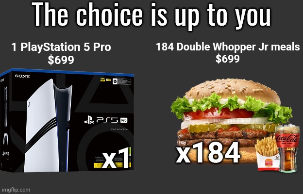 At BK have it your way | The choice is up to you; 184 Double Whopper Jr meals
$699; 1 PlayStation 5 Pro
$699; x1; x184 | made w/ Imgflip meme maker