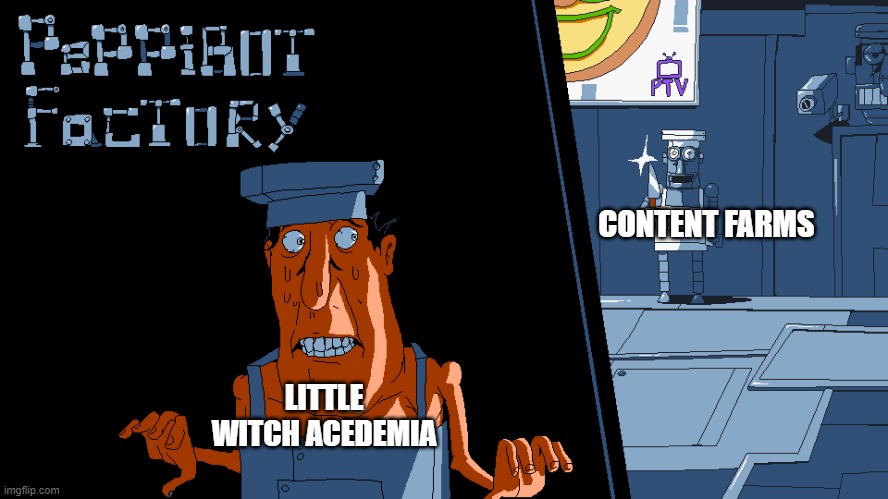 survivors of context farms | CONTENT FARMS; LITTLE WITCH ACEDEMIA | image tagged in pizza tower | made w/ Imgflip meme maker
