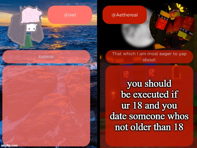 ixel and aethereal shared temp | you should be executed if ur 18 and you date someone whos not older than 18 | image tagged in ixel and aethereal shared temp | made w/ Imgflip meme maker