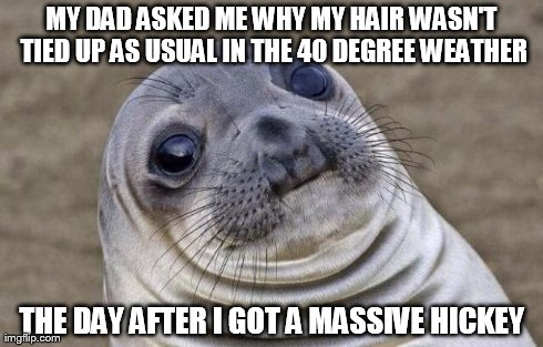 Awkward Moment Sealion Meme | MY DAD ASKED ME WHY MY HAIR WASN'T TIED UP AS USUAL IN THE 40 DEGREE WEATHER THE DAY AFTER I GOT A MASSIVE HICKEY | image tagged in memes,awkward moment sealion | made w/ Imgflip meme maker