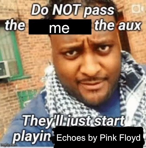 Do not pass the X the aux They’ll just start playin Y | me; Echoes by Pink Floyd | image tagged in do not pass the x the aux they ll just start playin y | made w/ Imgflip meme maker