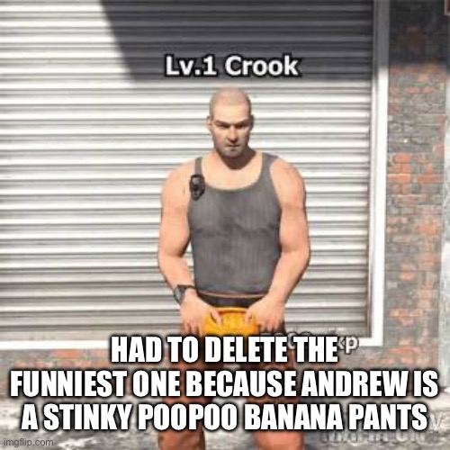 Lv 1 crook | HAD TO DELETE THE FUNNIEST ONE BECAUSE ANDREW IS A STINKY POOPOO BANANA PANTS | image tagged in lv 1 crook | made w/ Imgflip meme maker