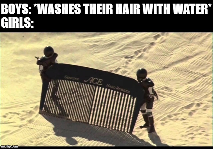 Spaceballs Desert Comb | BOYS: *WASHES THEIR HAIR WITH WATER*
GIRLS: | image tagged in spaceballs desert comb | made w/ Imgflip meme maker