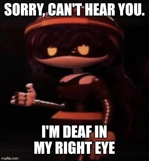 Said this to my sister | SORRY, CAN'T HEAR YOU. I'M DEAF IN MY RIGHT EYE | image tagged in doll thumbs up | made w/ Imgflip meme maker