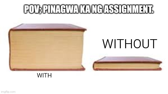About assignment | POV; PINAGWA KA NG ASSIGNMENT. WITHOUT; WITH | image tagged in big book small book | made w/ Imgflip meme maker