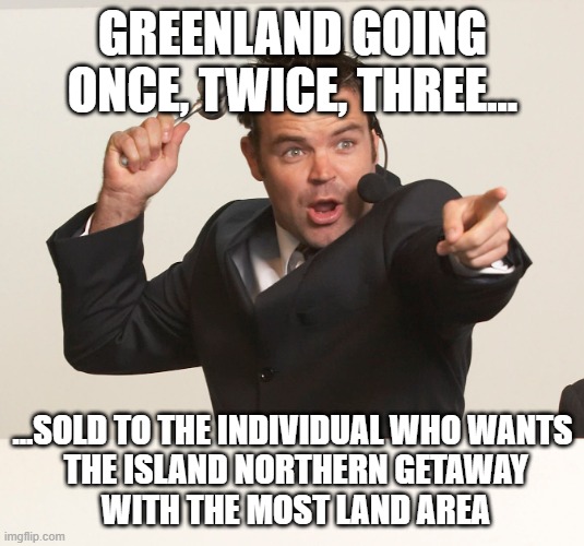 :/ | GREENLAND GOING ONCE, TWICE, THREE... ...SOLD TO THE INDIVIDUAL WHO WANTS
 THE ISLAND NORTHERN GETAWAY
 WITH THE MOST LAND AREA | image tagged in auctioneer | made w/ Imgflip meme maker