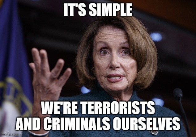 Good old Nancy Pelosi | IT'S SIMPLE WE'RE TERRORISTS AND CRIMINALS OURSELVES | image tagged in good old nancy pelosi | made w/ Imgflip meme maker