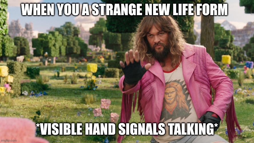 jason momoa | WHEN YOU A STRANGE NEW LIFE FORM; *VISIBLE HAND SIGNALS TALKING* | image tagged in jason momoa | made w/ Imgflip meme maker