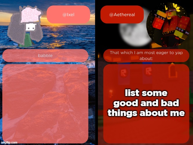 ixel and aethereal shared temp | list some good and bad things about me | image tagged in ixel and aethereal shared temp | made w/ Imgflip meme maker