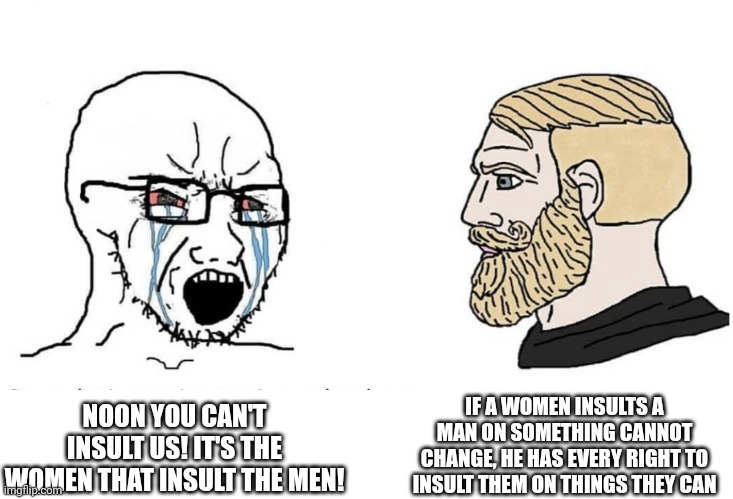 Soyboy Vs Yes Chad | NOON YOU CAN'T INSULT US! IT'S THE WOMEN THAT INSULT THE MEN! IF A WOMEN INSULTS A MAN ON SOMETHING CANNOT CHANGE, HE HAS EVERY RIGHT TO INS | image tagged in soyboy vs yes chad | made w/ Imgflip meme maker