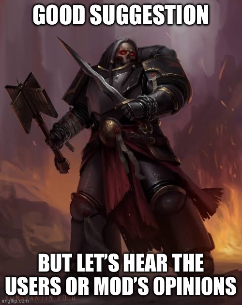 Black templar | GOOD SUGGESTION BUT LET’S HEAR THE USERS OR MOD’S OPINIONS | image tagged in black templar | made w/ Imgflip meme maker
