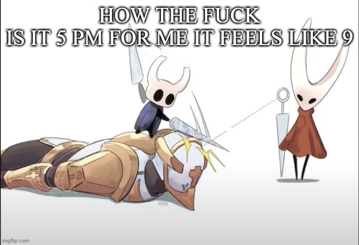 the notorious timezones: | HOW THE FUCK
IS IT 5 PM FOR ME IT FEELS LIKE 9 | image tagged in hallowness | made w/ Imgflip meme maker
