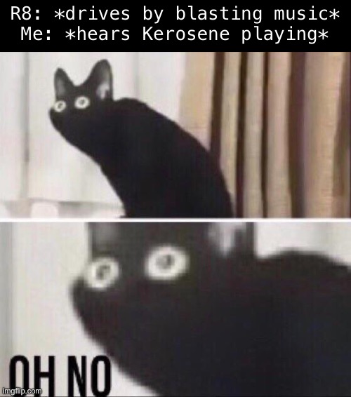Oh no | R8: *drives by blasting music*
Me: *hears Kerosene playing* | image tagged in oh no cat | made w/ Imgflip meme maker