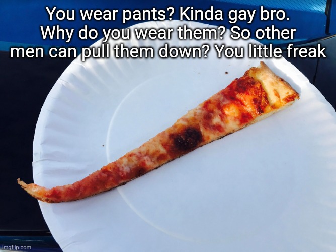 Pizza party | You wear pants? Kinda gay bro. Why do you wear them? So other men can pull them down? You little freak | image tagged in pizza party | made w/ Imgflip meme maker