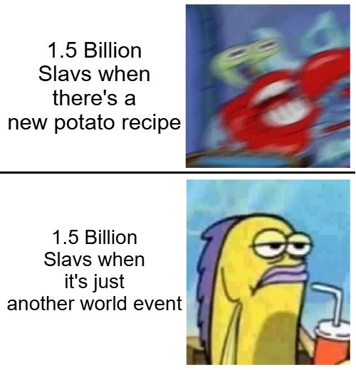Excited vs Bored | 1.5 Billion Slavs when there's a new potato recipe; 1.5 Billion Slavs when it's just another world event | image tagged in excited vs bored,one and a half billion slavs,slavic lives matter | made w/ Imgflip meme maker