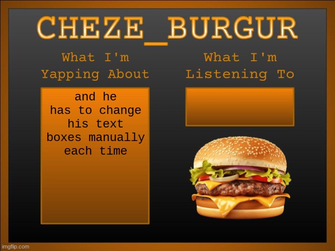 New Cheze Announcement Template | and he has to change his text boxes manually each time | image tagged in new cheze announcement template | made w/ Imgflip meme maker