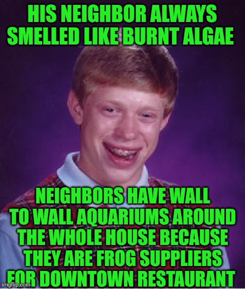 Funny | HIS NEIGHBOR ALWAYS SMELLED LIKE BURNT ALGAE; NEIGHBORS HAVE WALL TO WALL AQUARIUMS AROUND THE WHOLE HOUSE BECAUSE THEY ARE FROG SUPPLIERS FOR DOWNTOWN RESTAURANT | image tagged in memes,bad luck brian,smell,restaurant,frog,neighbor | made w/ Imgflip meme maker