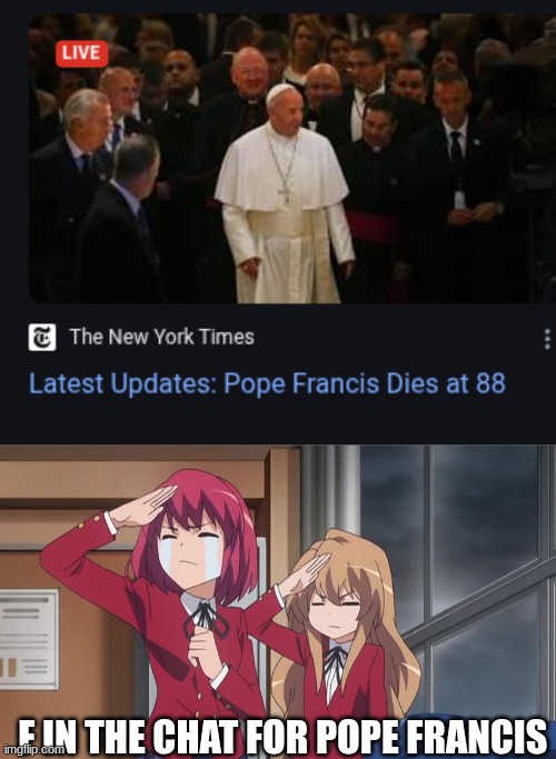 just found out the pope died | F IN THE CHAT FOR POPE FRANCIS | image tagged in oof,rip | made w/ Imgflip meme maker