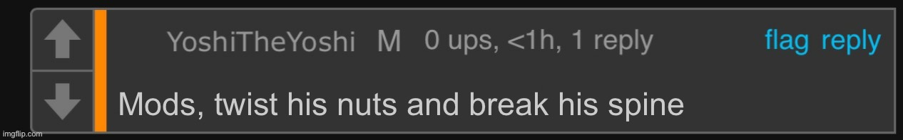 Yoshi's blank comment | Mods, twist his nuts and break his spine | image tagged in yoshi's blank comment | made w/ Imgflip meme maker