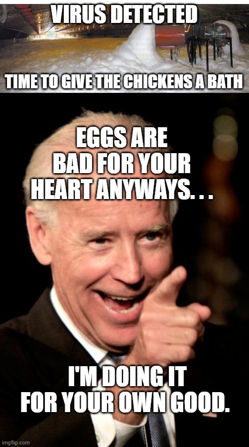 Was it really necessary??? | VIRUS DETECTED; TIME TO GIVE THE CHICKENS A BATH; EGGS ARE BAD FOR YOUR HEART ANYWAYS. . . I'M DOING IT FOR YOUR OWN GOOD. | image tagged in memes,smilin biden | made w/ Imgflip meme maker