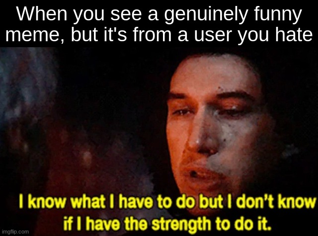 I know what I have to do but I don’t know if I have the strength | When you see a genuinely funny meme, but it's from a user you hate | image tagged in i know what i have to do but i don t know if i have the strength | made w/ Imgflip meme maker