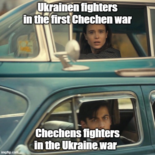 a lifelong friendship | Ukrainen fighters in the first Chechen war; Chechens fighters in the Ukraine war | image tagged in people in cars looking at each other | made w/ Imgflip meme maker