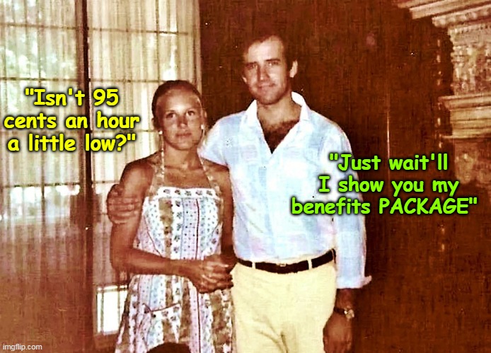 The Sitter (and rider, and kneeler....) | "Isn't 95 cents an hour a little low?"; "Just wait'll I show you my benefits PACKAGE" | image tagged in joe jill baby sit package meme | made w/ Imgflip meme maker