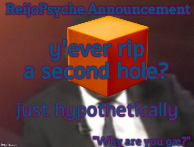 ReijoPsyche Announcement (steal if you're gay) | y'ever rip a second hole? just hypothetically | image tagged in reijopsyche announcement steal if you're gay | made w/ Imgflip meme maker