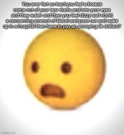 Shocked emoji | You ever fart so hard you feel a breeze come out of your tear ducts and into your eyes and they water and then you feel dizzy and vomit a concerning amount of blood and pass out and wake up in a hospital then have to pay an annoying 3k dollars? | image tagged in shocked emoji | made w/ Imgflip meme maker