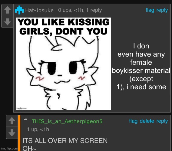 /j | I don even have any female boykisser material (except 1), i need some | image tagged in aetherpigeon5 busting | made w/ Imgflip meme maker