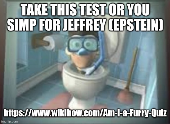 skibidi sheen | TAKE THIS TEST OR YOU SIMP FOR JEFFREY (EPSTEIN); https://www.wikihow.com/Am-I-a-Furry-Quiz | image tagged in skibidi sheen | made w/ Imgflip meme maker