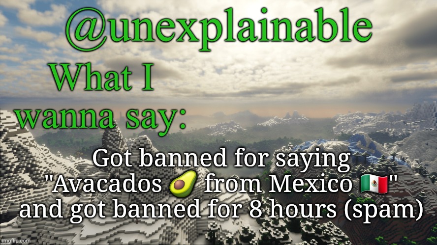Didn't spam notifications to the same person and I was only gonna do it for a few posts. | Got banned for saying "Avacados 🥑 from Mexico 🇲🇽" and got banned for 8 hours (spam) | image tagged in what i have to say | made w/ Imgflip meme maker