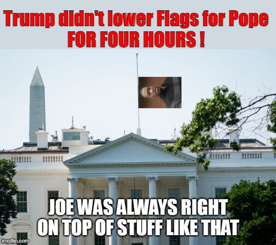 Returning Dignity to the WH | Trump didn't lower Flags for Pope
FOR FOUR HOURS ! | image tagged in trump half staff flag pope meme | made w/ Imgflip meme maker