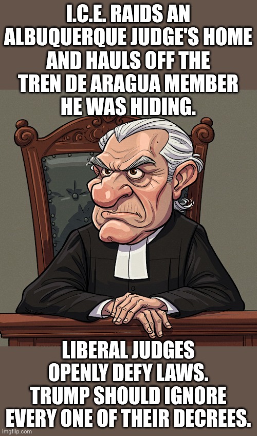 Sonia_Sotomayor_wants_Americans_dead | I.C.E. RAIDS AN
ALBUQUERQUE JUDGE'S HOME
AND HAULS OFF THE
TREN DE ARAGUA MEMBER
HE WAS HIDING. LIBERAL JUDGES OPENLY DEFY LAWS.
TRUMP SHOULD IGNORE
EVERY ONE OF THEIR DECREES. | image tagged in liberals,political meme | made w/ Imgflip meme maker