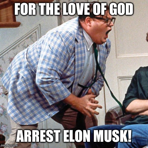 Chris Farley For the love of god | FOR THE LOVE OF GOD; ARREST ELON MUSK! | image tagged in chris farley for the love of god | made w/ Imgflip meme maker